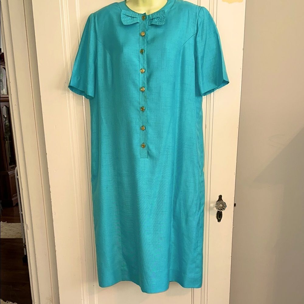 Vintage 60s Shimmery Turquoise Shift Short Sleeve Dress with shiny gold buttons